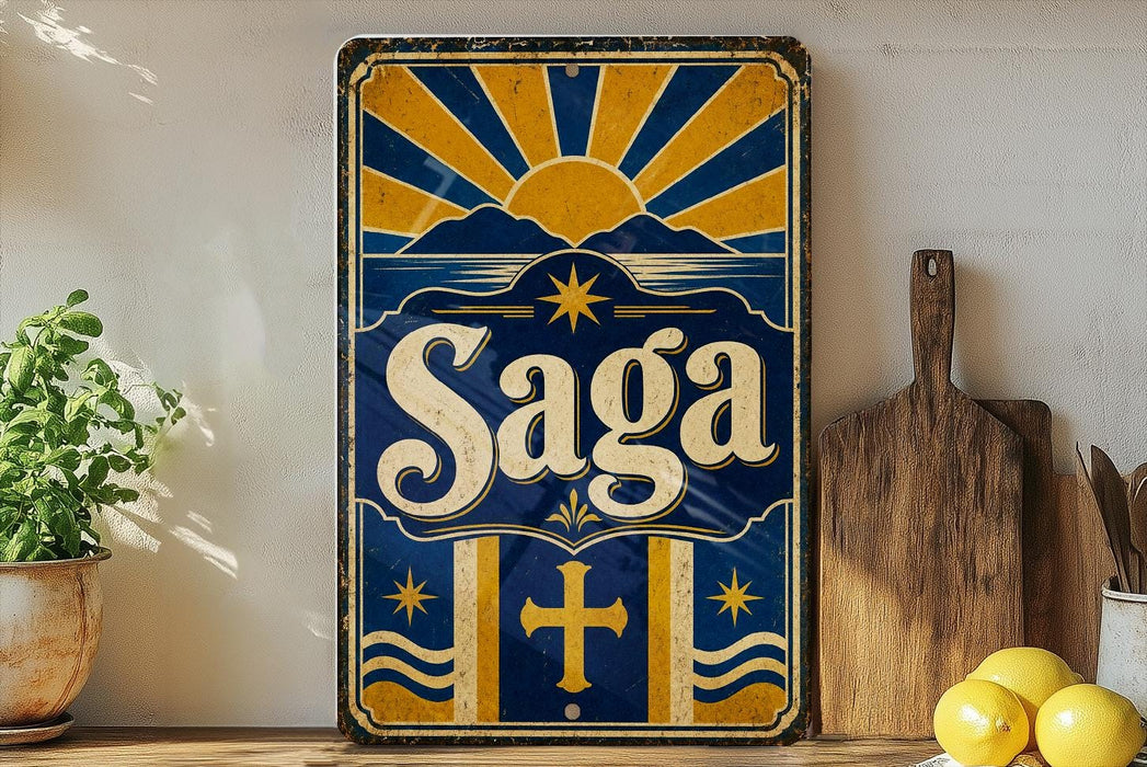 a vintage-style sign with the word "Saga" prominently displayed, surrounded by a sunburst design and other decorative elements. The sign is placed on a shelf next to a wooden cutting board and a potted plant, creating a rustic and charming atmosphere.