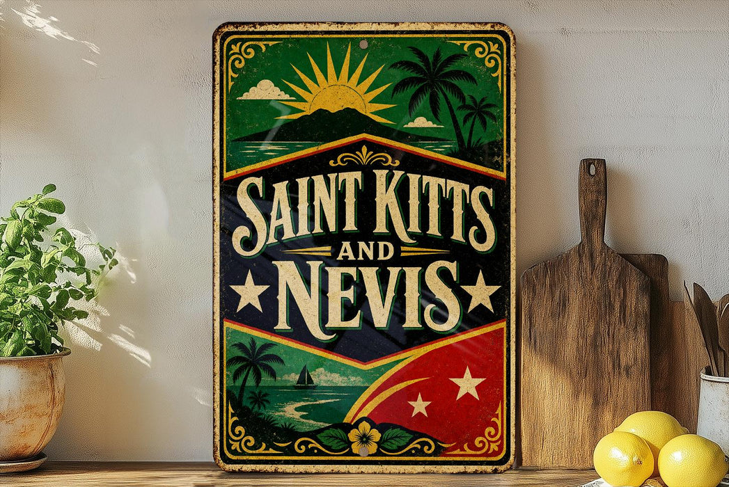 A vintage-style sign for Saint Kitts and Nevis, featuring a tropical landscape with palm trees, a sun, and a mountain.