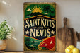 A vintage-style sign for Saint Kitts and Nevis, featuring a tropical landscape with palm trees, a sun, and a mountain.
