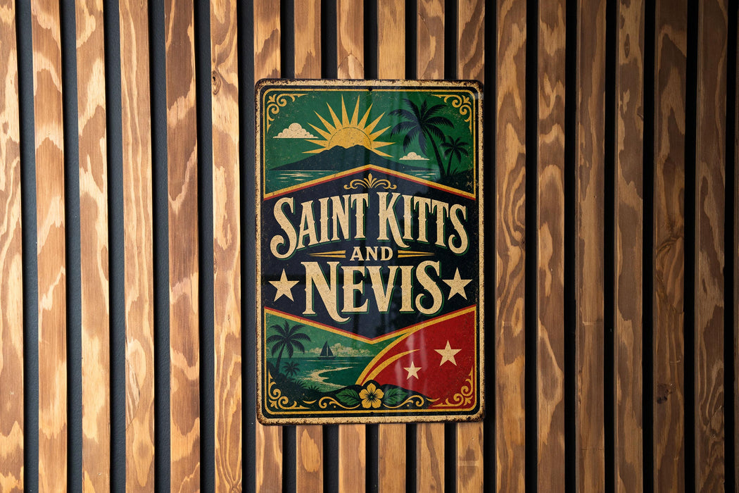 A vintage-style sign with the text "SAINT KITT'S AND NEVIS" displayed on a wooden wall.