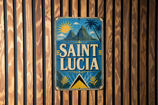 A vintage-style sign for Saint Lucia, featuring a tropical landscape with palm trees and mountains, is displayed on a wooden wall.
