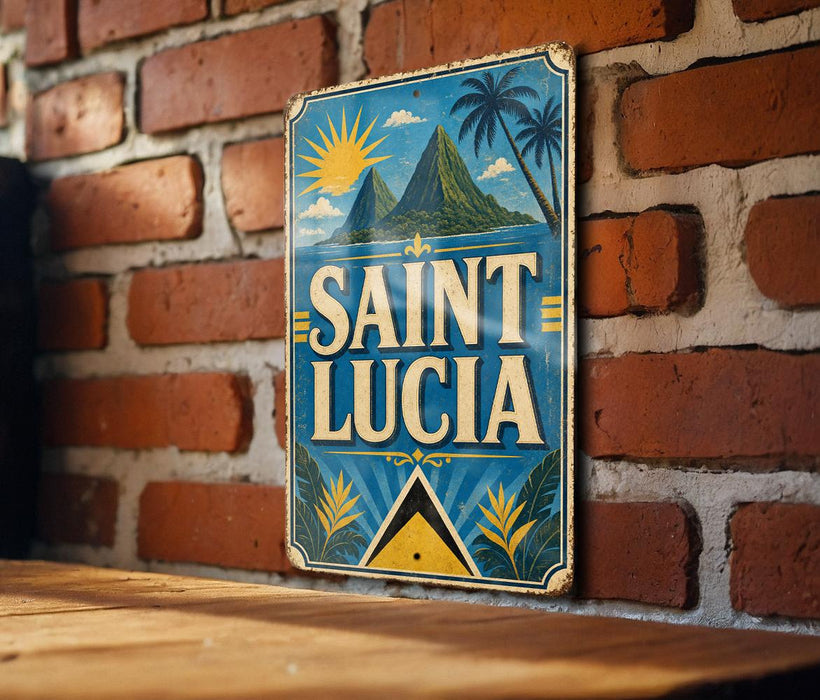 A vintage-style sign for Saint Lucia, featuring a tropical landscape with palm trees and mountains, is displayed on a brick wall.