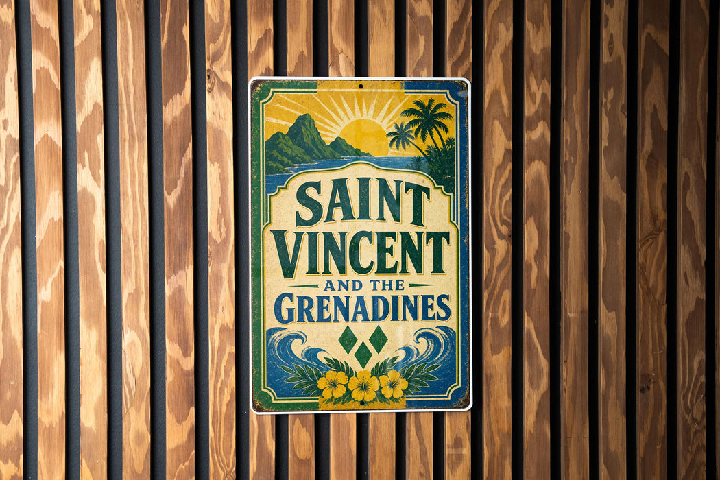 A vintage-style sign for Saint Vincent and the Grenadines, featuring a tropical landscape with palm trees and a sun.