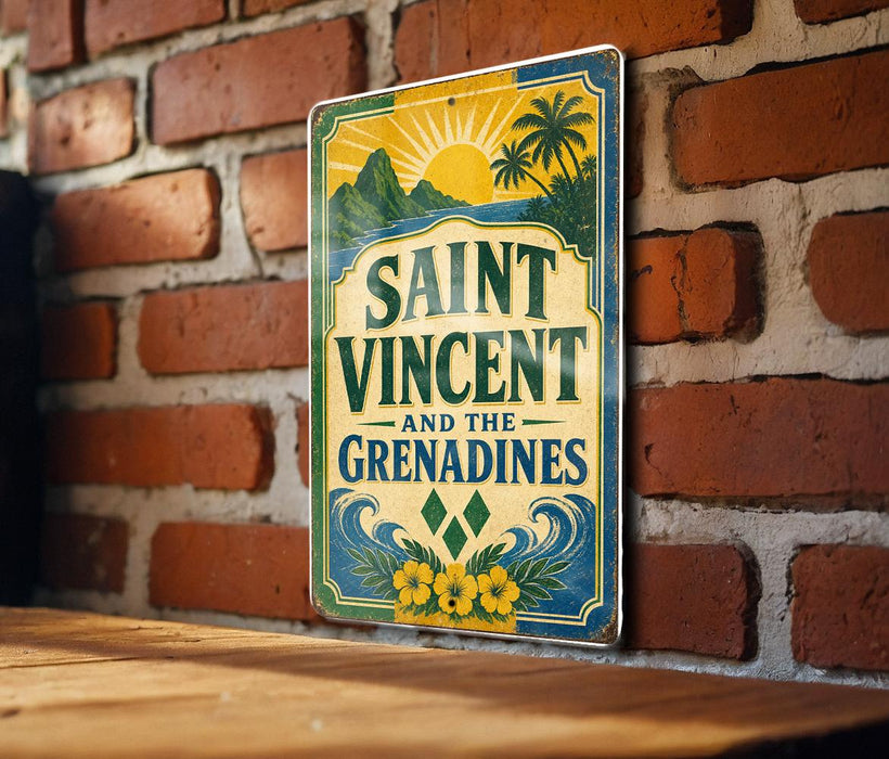 A vintage-style sign with the text "SAINT VINCENT AND THE GRIENADINES" is displayed on a brick wall.