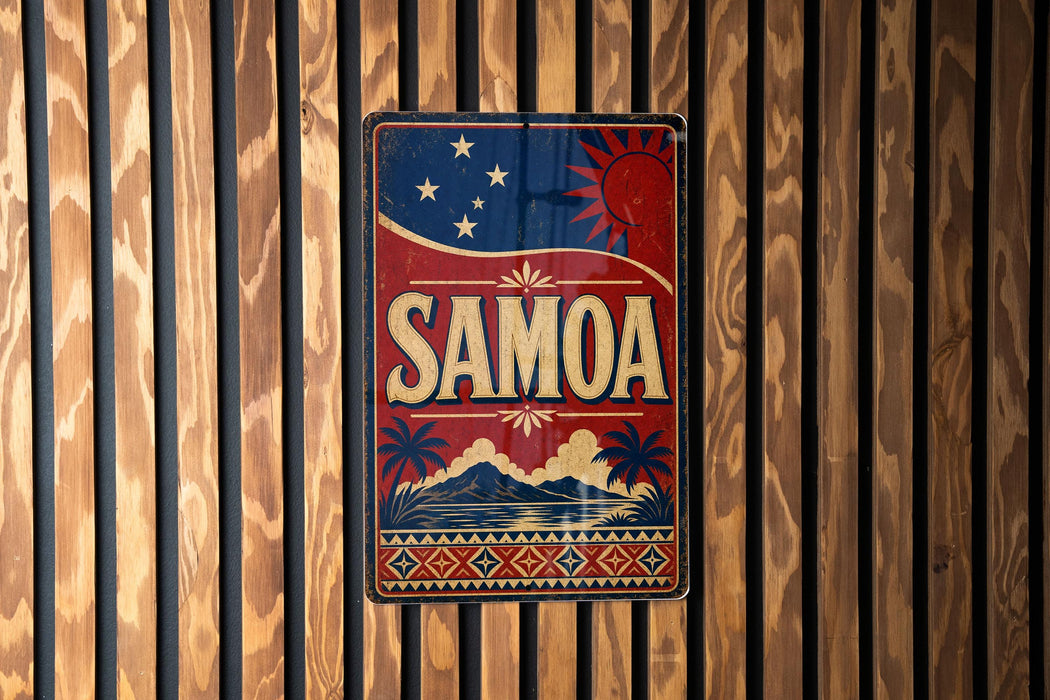 a vintage-style sign with the word "SAMOA" prominently displayed, surrounded by a tropical landscape with palm trees and mountains.