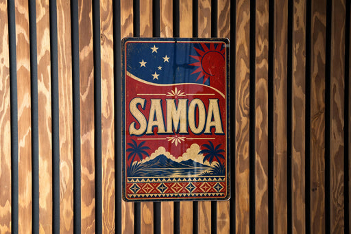 a vintage-style sign with the word "SAMOA" prominently displayed, surrounded by a tropical landscape with palm trees and mountains.