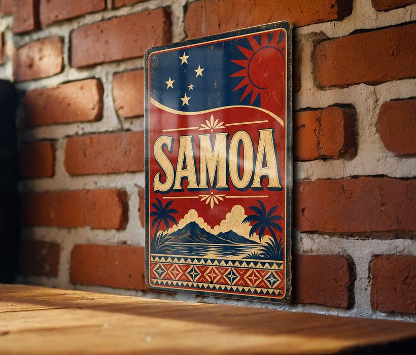 A vintage-style sign with the word "SAMOA" prominently displayed, featuring a red, white, and blue color scheme with a sun and stars design. The sign is mounted on a brick wall, and there is a wooden table below it.
