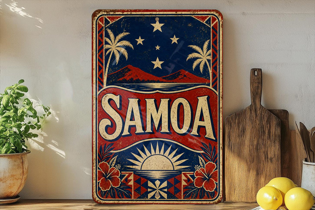 a vintage-style sign with the word "SAMOA" prominently displayed, surrounded by a tropical landscape with palm trees and a starry night sky. The sign is placed on a shelf next to a wooden cutting board and a potted plant, creating a visually appealing and decorative display.