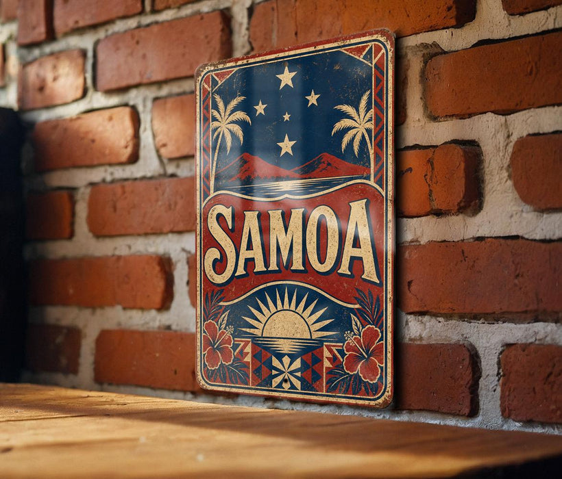 A vintage-style metal sign with the word "SAMOA" prominently displayed, featuring a tropical landscape with palm trees, a sunset, and stars.