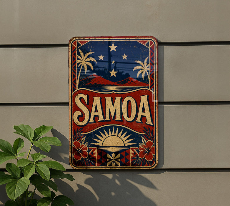 a vintage-style sign with the word "SAMOA" prominently displayed, surrounded by tropical elements such as palm trees and a sun.