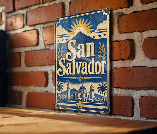 A vintage-style sign for San Salvador, featuring a sun and palm trees, is displayed on a brick wall.