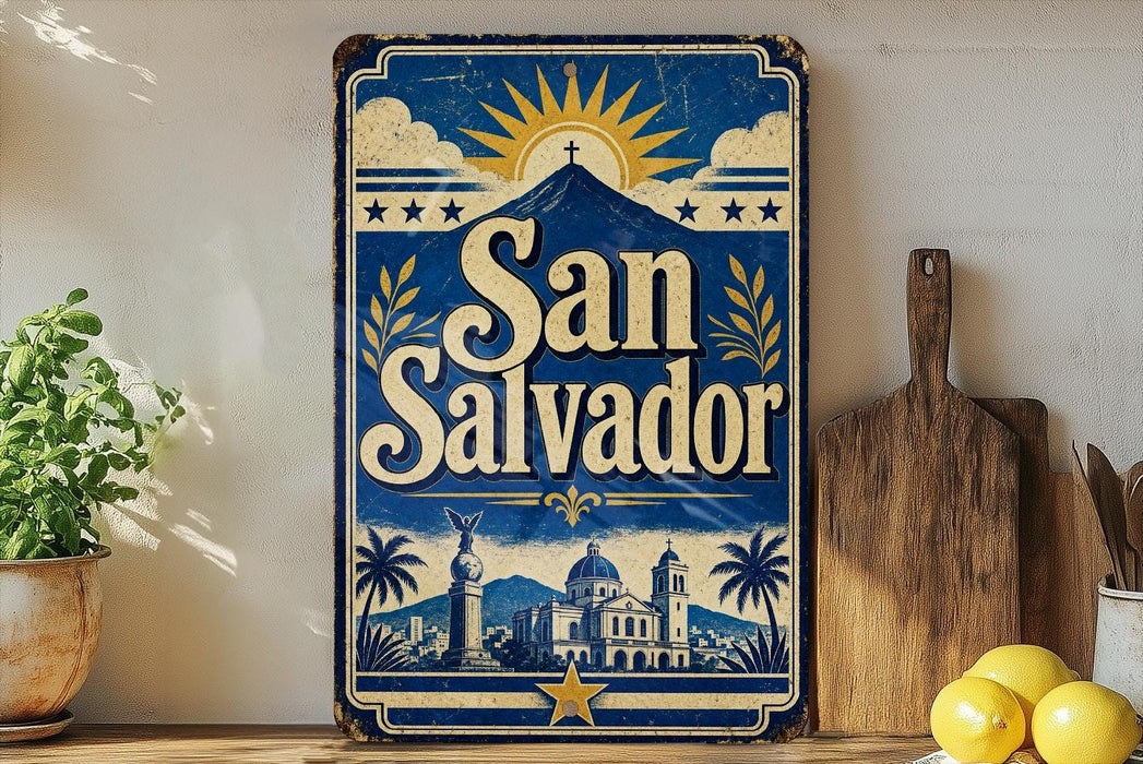 A vintage-style sign for San Salvador, featuring a blue background with a sun and mountains, and the text "San Salvador" prominently displayed.