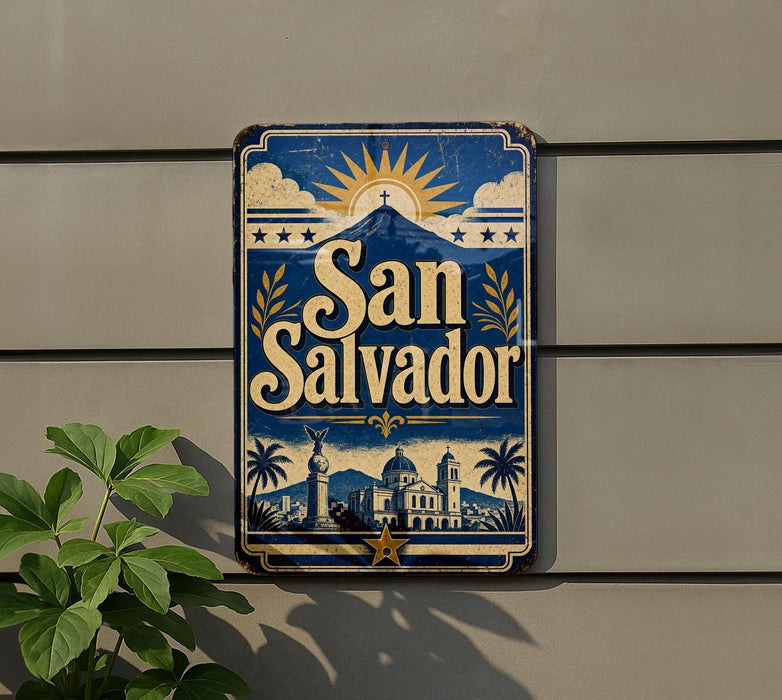 A vintage-style sign for San Salvador, featuring a sun and clouds design, palm trees, and a building silhouette.