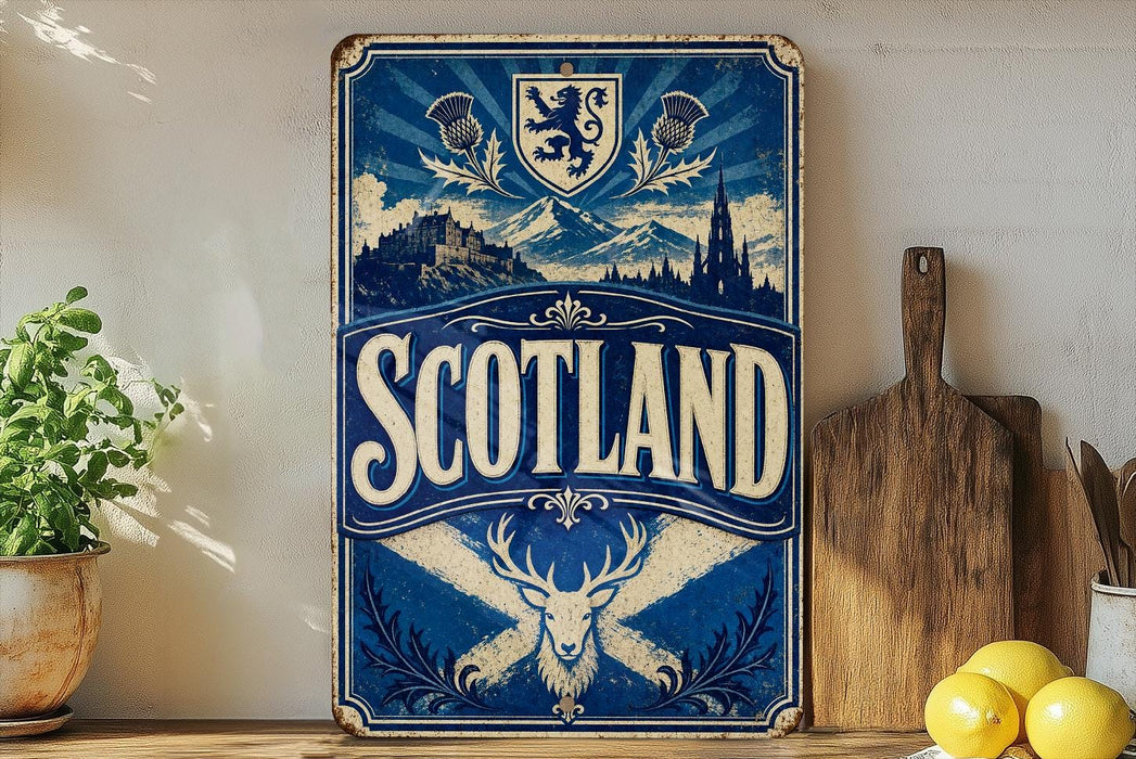 A vintage-style metal sign with the word "SCOTLAND" prominently displayed, featuring a castle, mountains, and a lion emblem. The sign is placed on a wooden surface, with a potted plant, a cutting board, and some lemons nearby.