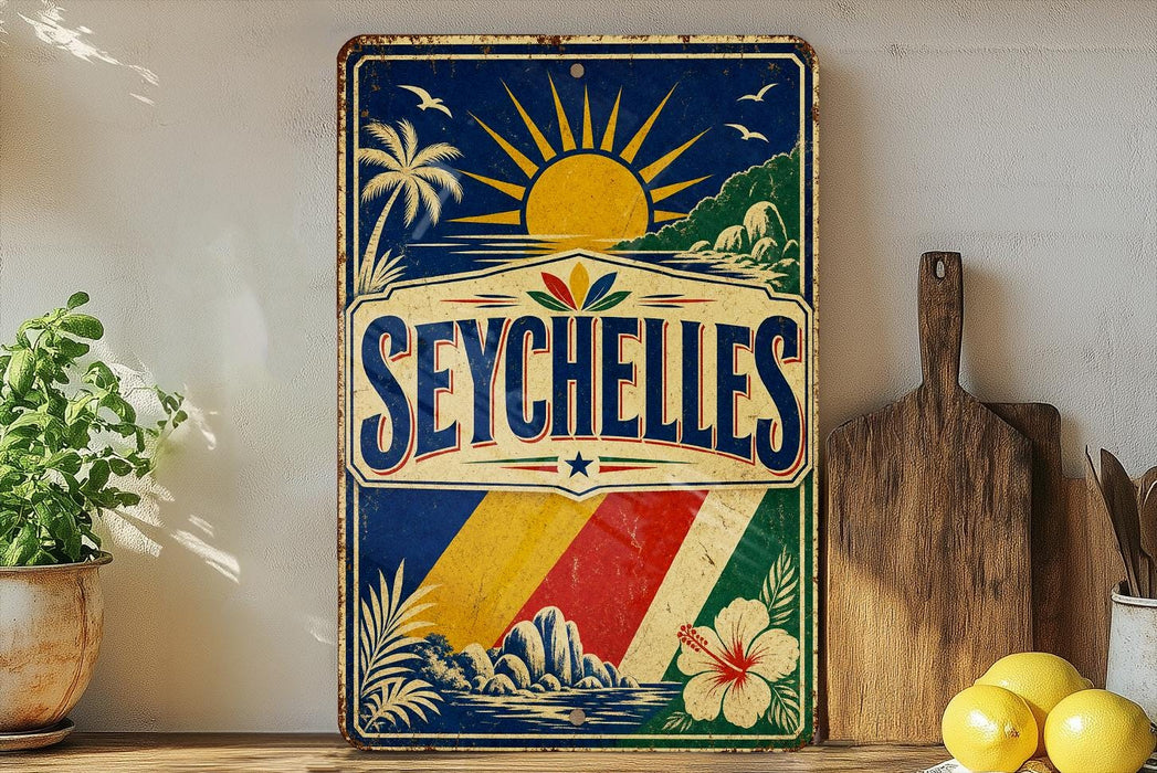 a vintage-style sign with a tropical design, including palm trees, a sun, and a hibiscus flower, along with the word "SEYCHELLES" prominently displayed.