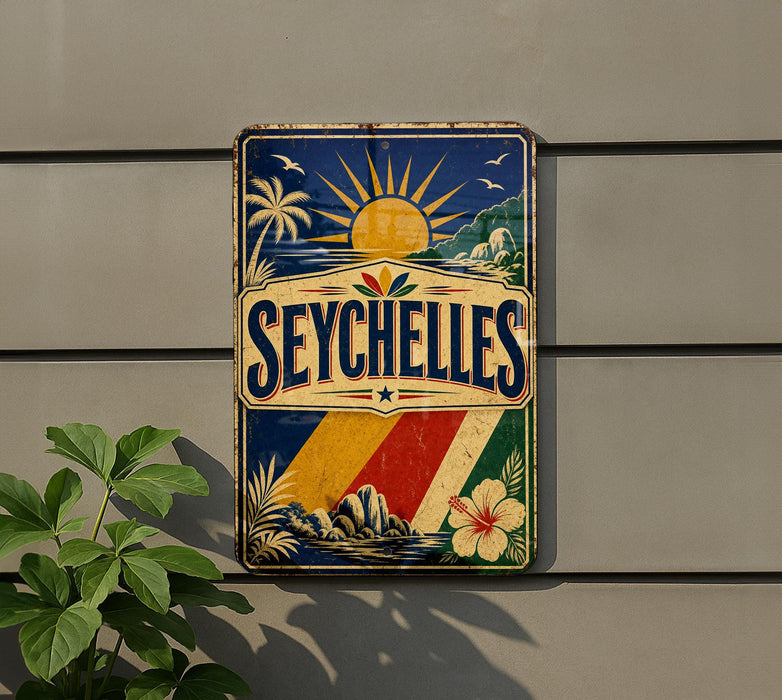 A vintage-style metal sign with a tropical beach scene and palm trees, featuring the word "SEYCHELLES" prominently displayed.