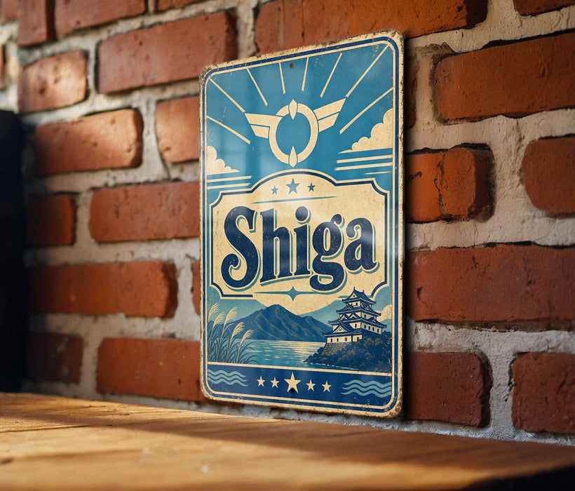 A vintage-style metal sign with the word "Shiga" prominently displayed, mounted on a brick wall.