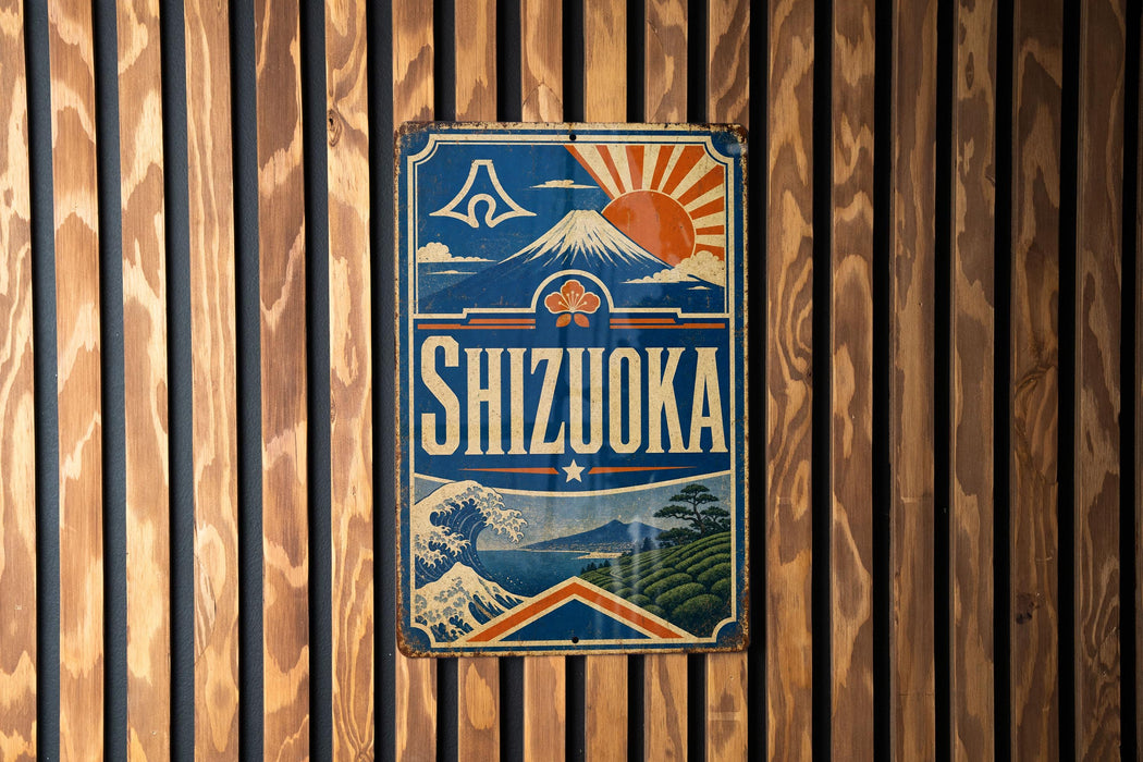 A vintage-style sign for Shizuoka, a famous Japanese city, is displayed on a wooden wall.