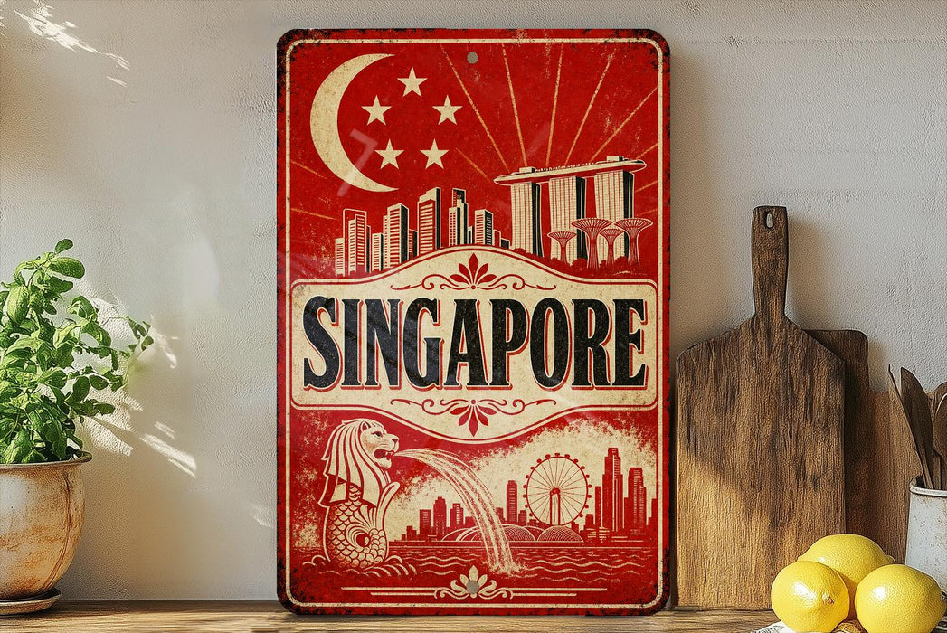 A vintage-style sign featuring the city of Singapore, with a crescent moon and stars, a mermaid, and a ferris wheel, along with the word "SINGAPORE" prominently displayed.