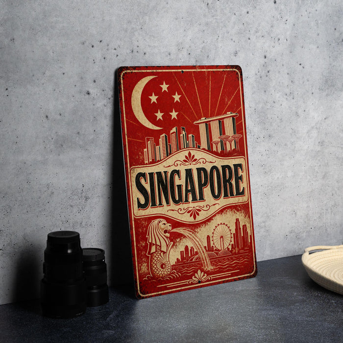 A vintage-style metal sign with the word "SINGAPORE" prominently displayed, featuring a crescent moon and stars, and an illustration of the city skyline.