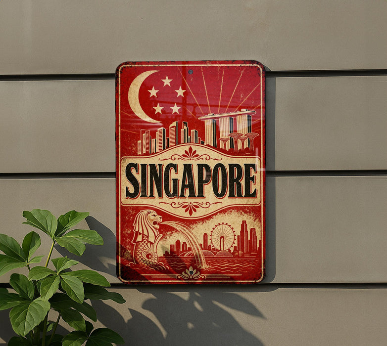 A vintage-style sign for Singapore, featuring a red background with a crescent moon and stars, and a cityscape illustration.
