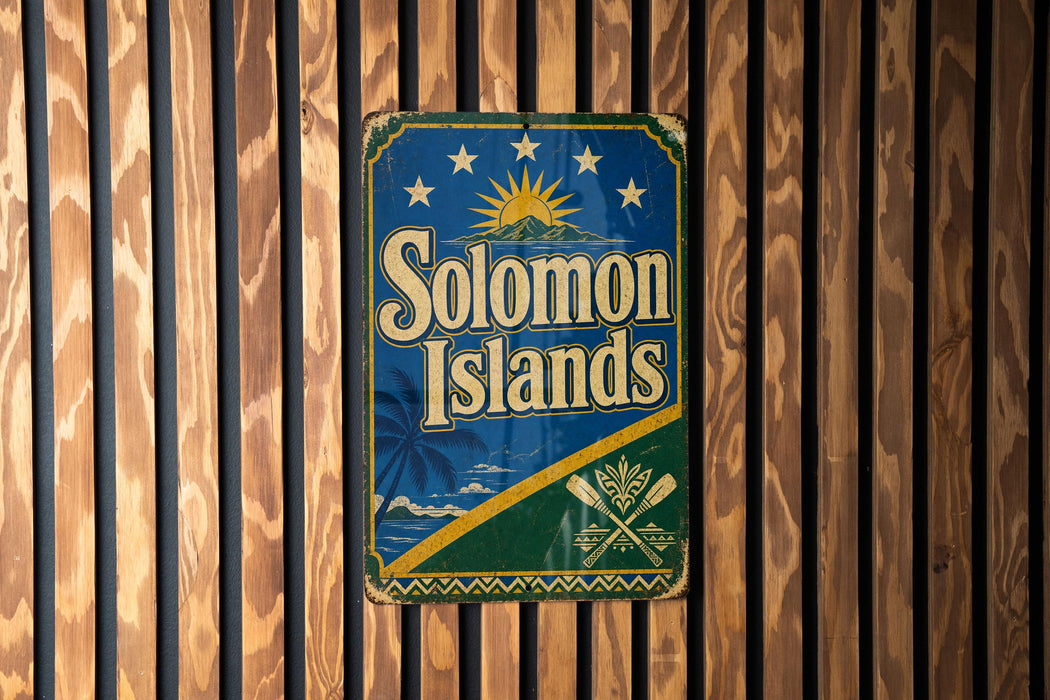 A vintage-style sign for the Solomon Islands is displayed on a wooden wall.