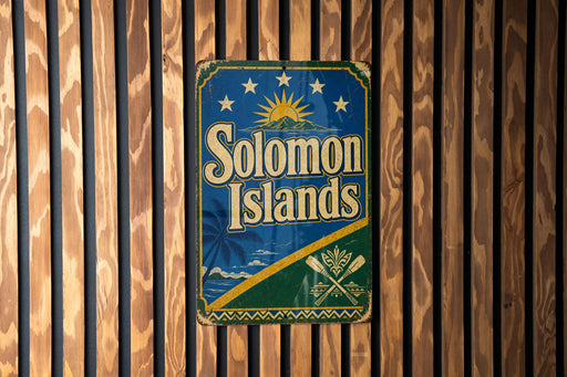 A vintage-style sign for the Solomon Islands is displayed on a wooden wall.