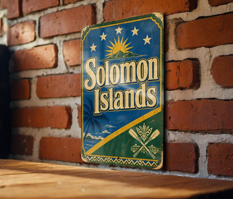 A vintage-style sign for the Solomon Islands is displayed on a brick wall.