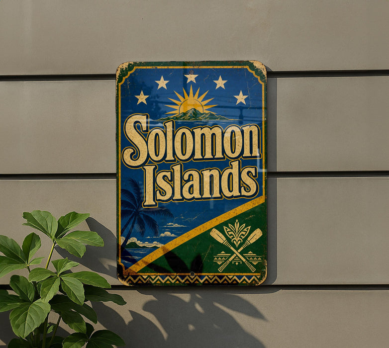 A vintage-style sign for the Solomon Islands, featuring a blue background with a sun and palm trees, and the text "Solomon Islands" prominently displayed.