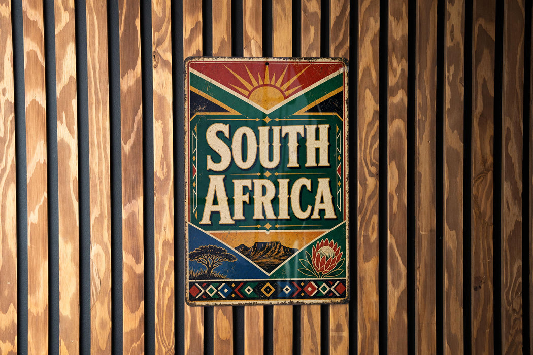 A vintage metal sign with the text "SOUTH AFRICA" displayed prominently against a wooden background.