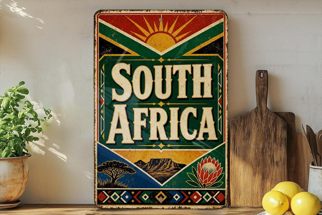 a colorful sign that says "SOUTH AFRICA" with a sun and a flower design, placed on a shelf next to a wooden cutting board and some lemons.