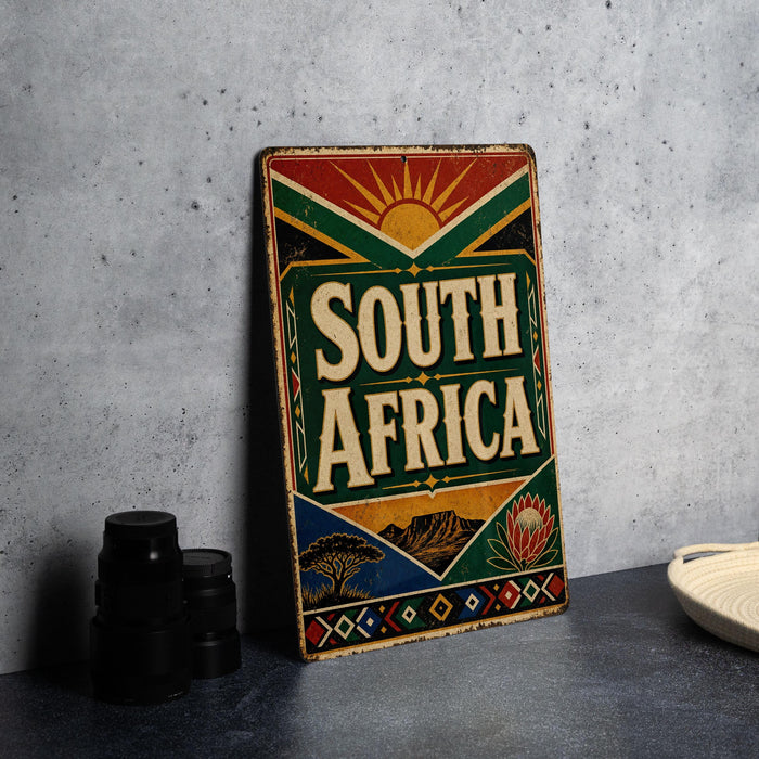 A vintage-style sign with the text "SOUTH AFRICA" prominently displayed, featuring a colorful design with sun and floral elements.