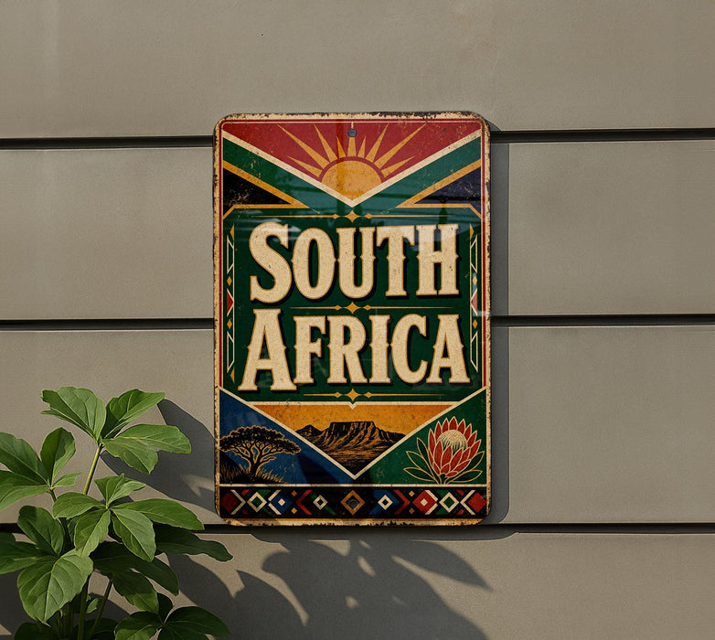 A vintage-style sign with the text "SOUTH AFRICA" displayed prominently, featuring a sun and floral design.
