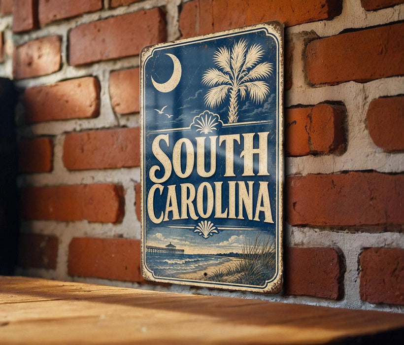 A vintage-style metal sign with the text "SOUTH CAROLINA" displayed on a brick wall.