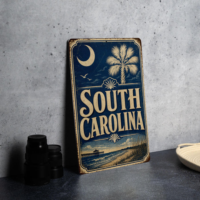 A vintage-style sign for South Carolina, featuring a palm tree and a crescent moon, is displayed on a gray concrete surface.