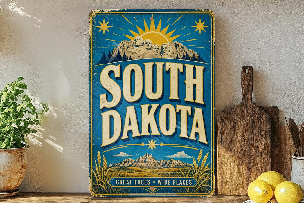 A vintage-style sign for South Dakota, featuring a mountain landscape and sun-like symbols, is displayed on a shelf next to a wooden cutting board and some kitchen utensils.