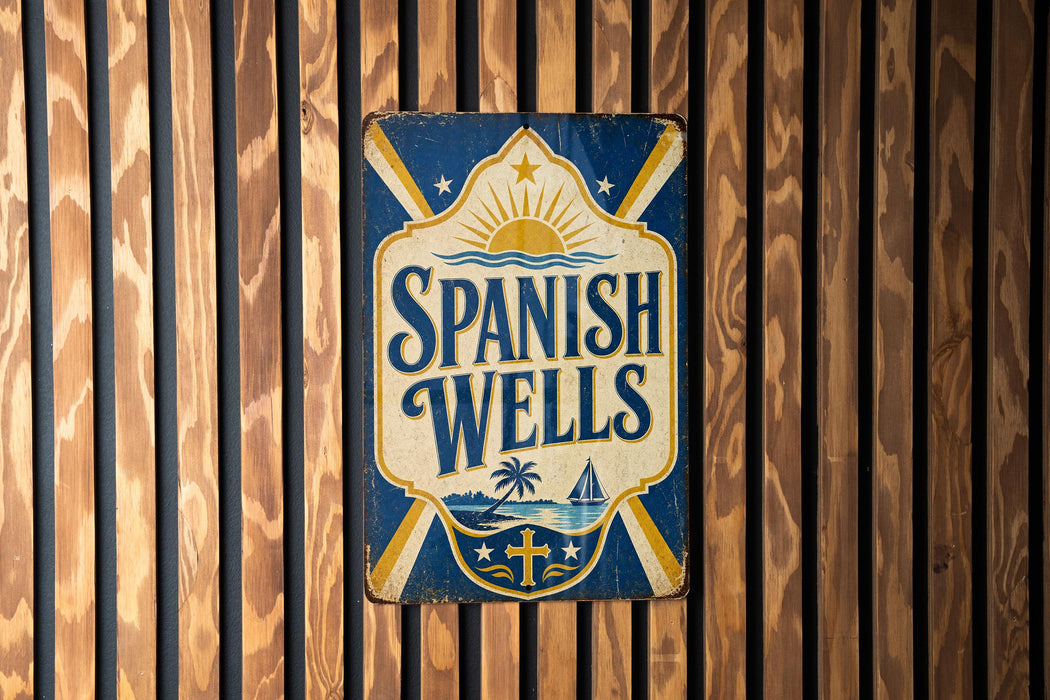 A vintage-style sign for "Spanish Wells" is displayed on a wooden wall.