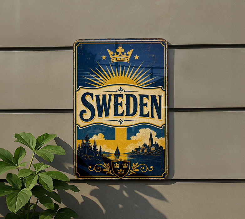 A vintage-style sign with the word "SWEDEN" prominently displayed, featuring a sunburst design and a castle in the background.