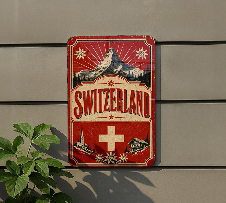 a vintage-style sign with the word "SWITZERLAND" prominently displayed, along with a mountain and other scenic elements.
