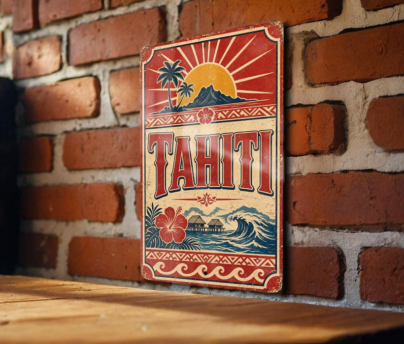 A vintage-style metal sign with the word " Tahiti" prominently displayed, featuring a tropical landscape with palm trees, a sun, and a mountain in the background.