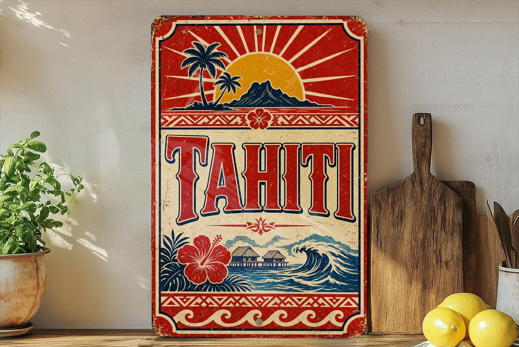 A vintage-style sign for Tahiti, featuring a tropical landscape with palm trees, a sun, and a mountain.