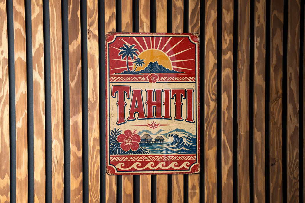 A vintage-style sign for Tahiti, featuring a tropical landscape with palm trees, a sun, and a mountain.