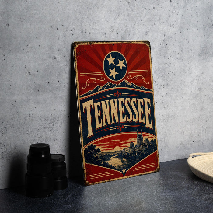 A vintage-style metal sign with the word "TENNESSEE" prominently displayed, featuring a red and blue design with a sun and stars. The sign is placed on a gray countertop, with a stack of black camera lenses and a white dish visible in the background.