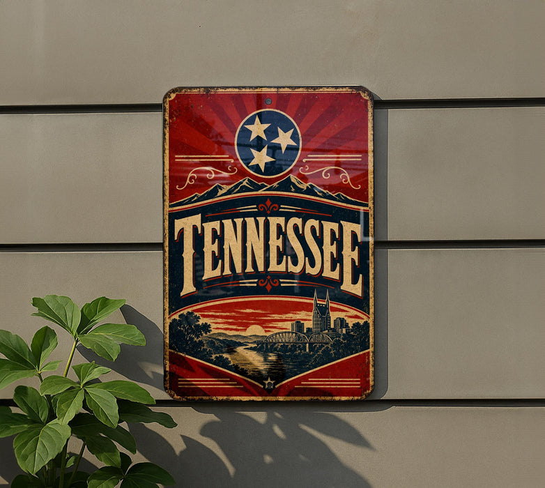 A vintage-style sign for Tennessee, featuring a red and blue design with a prominent star and the word "Tennessee" written in large letters.
