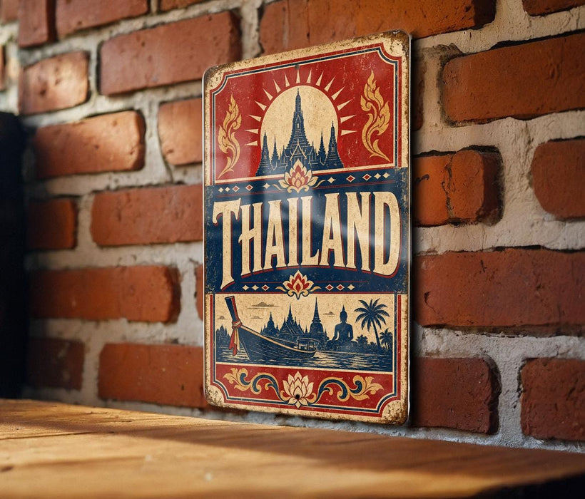 A vintage-style metal sign with the word "Thailand" prominently displayed, featuring a temple and other traditional Thai imagery. The sign is mounted on a brick wall, and there is a wooden table in the foreground.