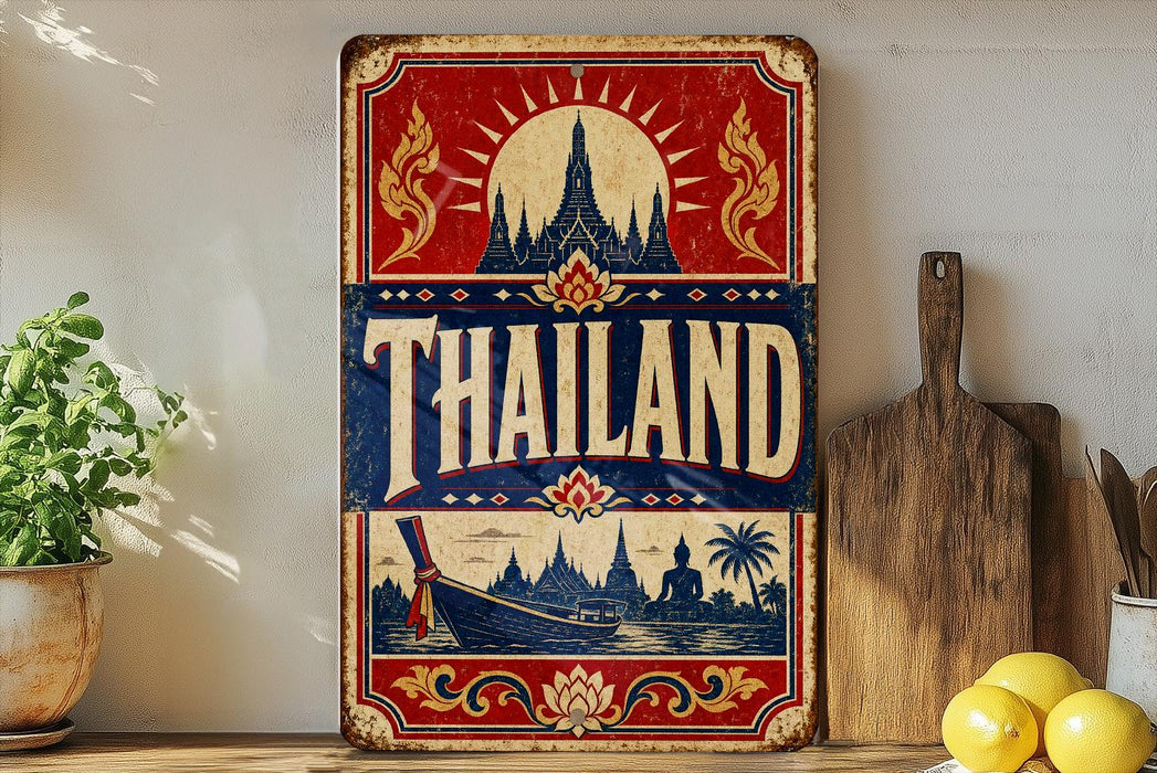 A vintage-style sign with the word "Thailand" prominently displayed, featuring a temple and other traditional Thai imagery. The sign is placed on a shelf next to a wooden cutting board and a potted plant.