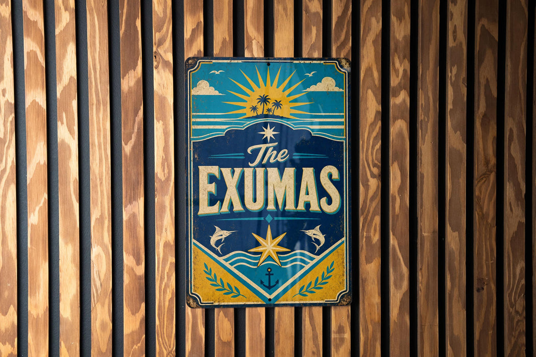 A vintage-style sign with a blue background and a sun design, mounted on a wooden wall.