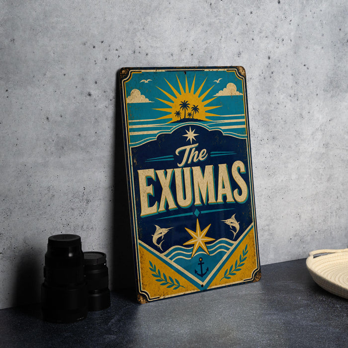 A vintage-style metal sign with a blue and yellow design, featuring a sun, palm trees, and a star, along with the text "The EXUMAS" prominently displayed.
