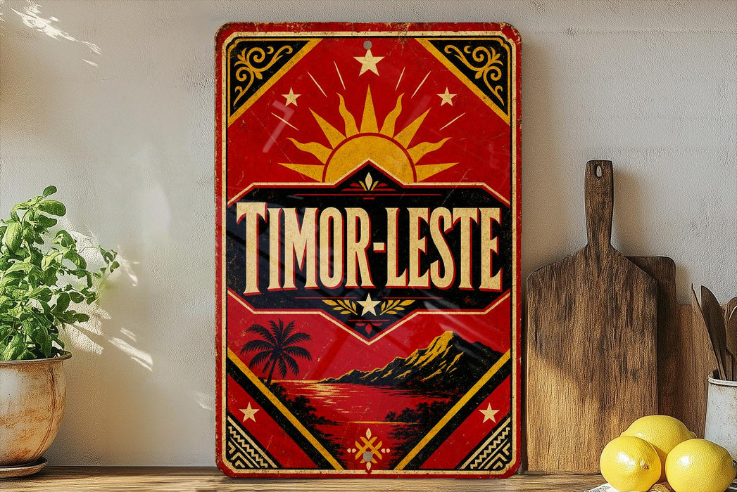 A vintage-style sign with a red background and gold accents, featuring the word "TIMOR-LESTE" prominently displayed.