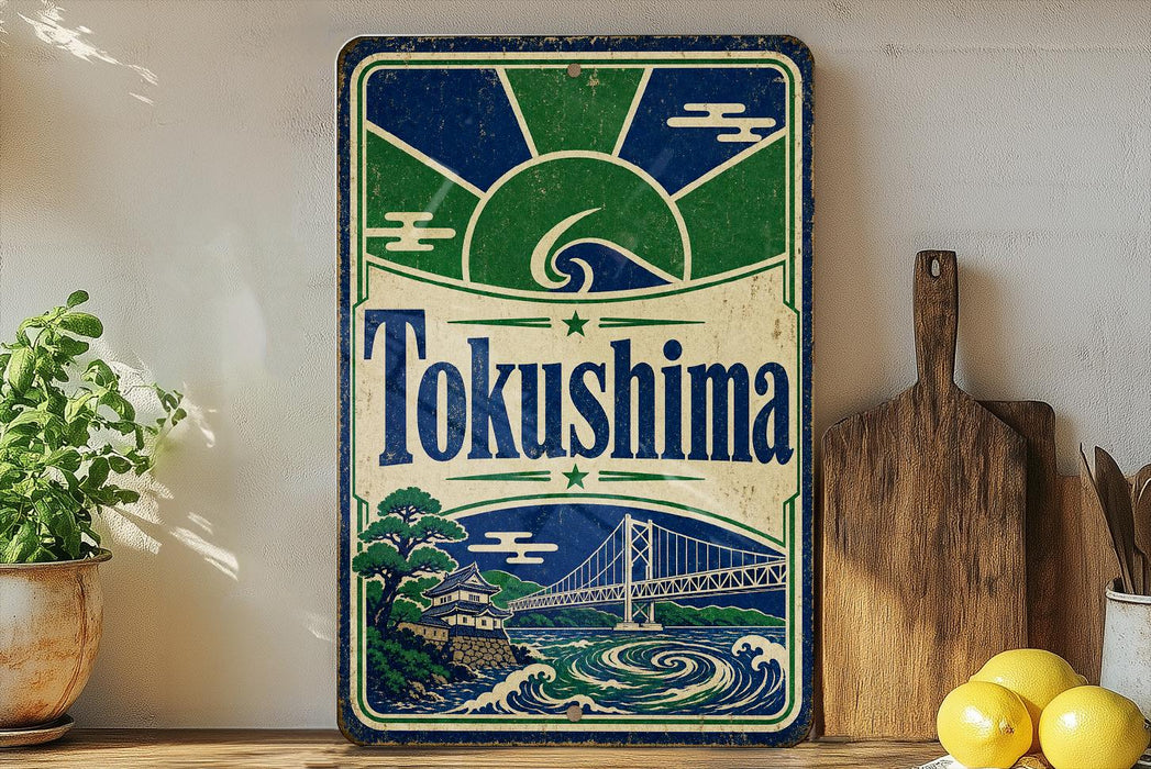 A vintage-style metal sign with the word "Tokushima" prominently displayed, featuring a bridge and a landscape scene. The sign is placed on a wooden surface, with a potted plant and a wooden cutting board nearby.